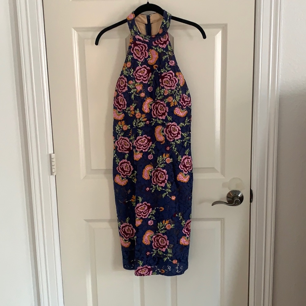Jovani blue and rose beaded cocktail dress